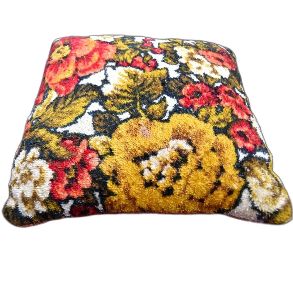 Vintage 70s Chenille Floral Pillow 13x13 Mod Velvet Back Boho Decor
